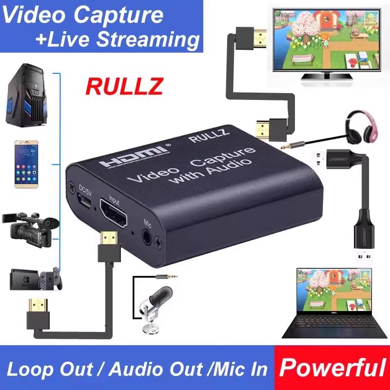RULLZ 4K HDMI to USB 2.0/3.0 Video Capture Card with Loop-Out – HD Game Streaming & Recording Adapter