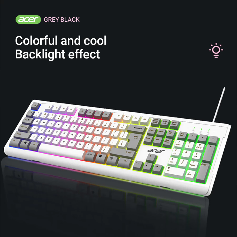 Acer OKB0A0 Silent Office Keyboard | RGB Ambient Light | Stylish Two-Color Design