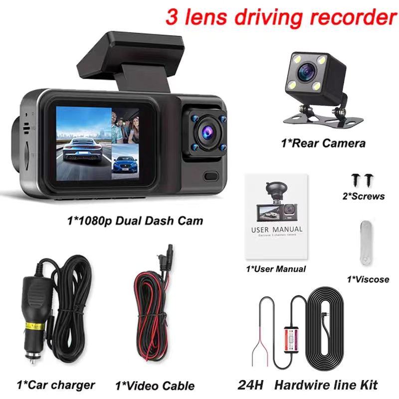 3-Channel Dash Cam – Front, Inside & Rear Car Camera