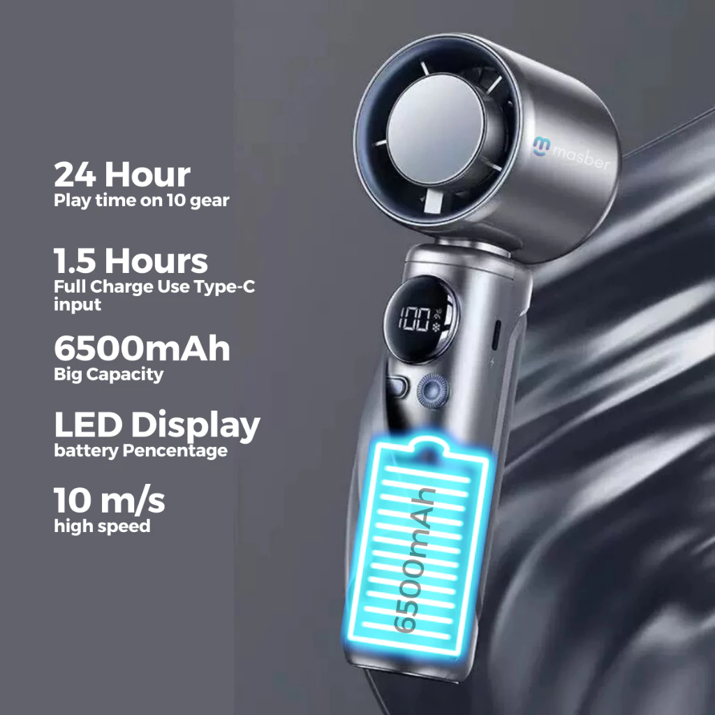 Mini Portable Handle Fan | 6500mAh Battery | Long-Lasting Cooling – Purple - Image 4