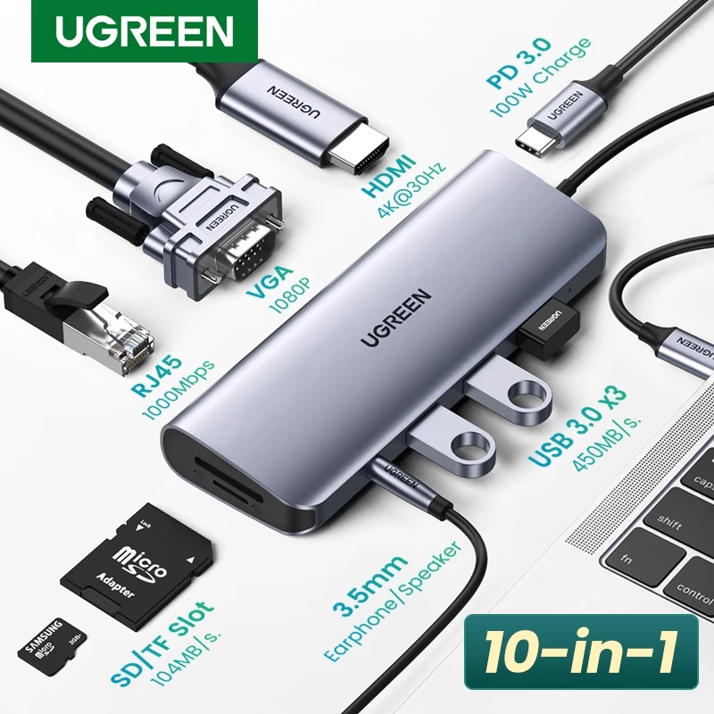 UGREEN 10-in-1 USB-C Hub – Type C Hub with Ethernet, 4K HDMI, VGA, PD Power Delivery, 3 USB 3.0 Ports & More