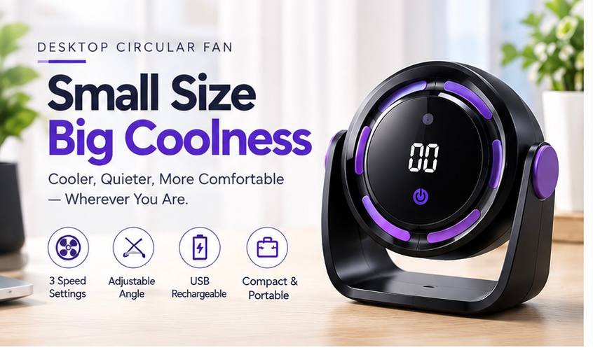 Mini USB Rechargeable Desktop Circular Fan – 3 Speed Portable Cooling Fan with LED Display - Image 2